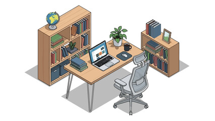 Modern isometric home office with desk, chair, and bookshelves © Han's