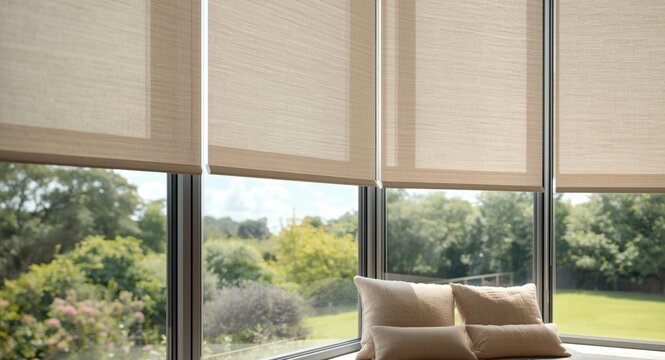 Beige roller blinds with remote control on large glass windows featuring pillows on windowsill and summer greenery outside