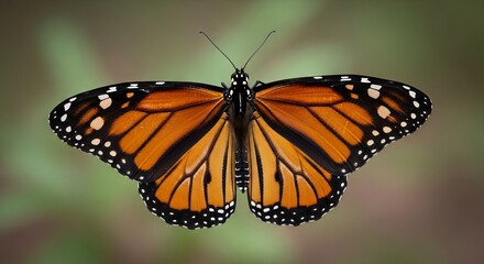 Fototapeta premium Monarch butterfly resting on a flower with orange and black wings spread. A famous migratory butterfly known for long distance travel and role in pollination.