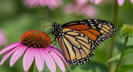 Fototapeta premium Monarch butterfly resting on a flower with orange and black wings spread. A famous migratory butterfly known for long distance travel and role in pollination.
