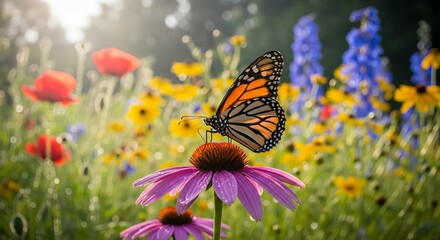 Fototapeta premium Monarch butterfly resting on a flower with orange and black wings spread. A famous migratory butterfly known for long distance travel and role in pollination.