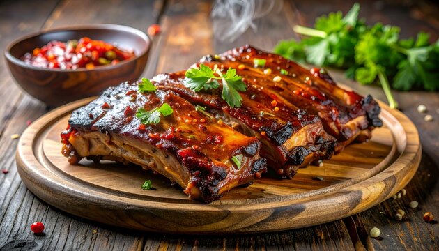 Spicy Grilled BBQ Ribs Iga Bakar on Wooden Board with Smoke