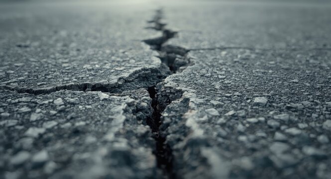 Close up of a cracked pavement revealing a deep fissure