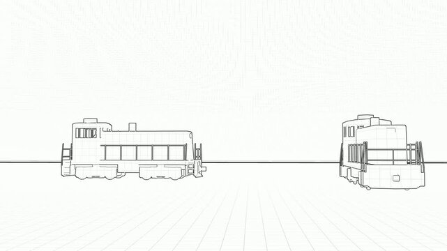 A sleek 3D line-art animation displaying a modern passenger train / rail car traveling across a perspective grid plane.