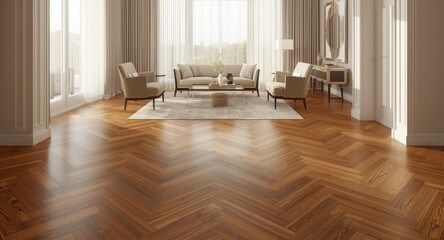 Fototapeta premium Elegant interior space highlighting smooth herringbone hardwood flooring with polished stain