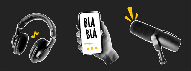 Podcast music radio with halftone collage sticker for microphone talk sound. Element art show with studio pop voice for trendy media mic. Poster audio podcast with design halftone speech. © Polinmr