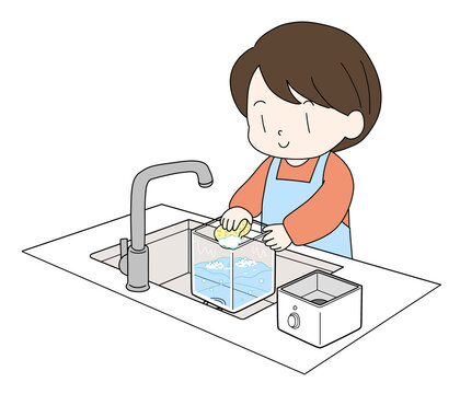 加湿器を洗う女性のイラスト