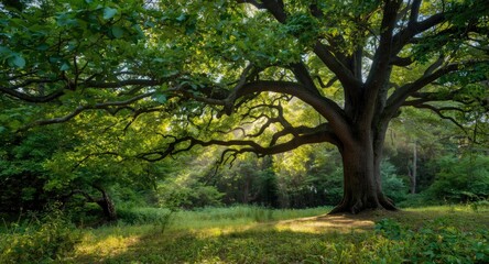 Fototapeta premium Fresh forest environment showing verdant foliage and warm sunlight peeking