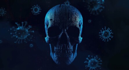 Computer virus and ransomware concept featuring a skull backdrop indicating cybercrime hazards
