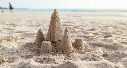 Focused beach sandcastle with copy space and happy summer outdoor activity