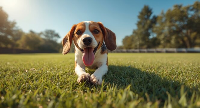 Cheerful beagle dog digging playfully on lush green lawn under summer sun with copy space