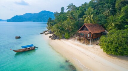 Fototapeta premium Tropical island beach view with a house and traditional wooden boat near