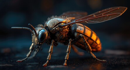 Fototapeta premium Bronze steel retro bee combining steampunk and cyberpunk styles