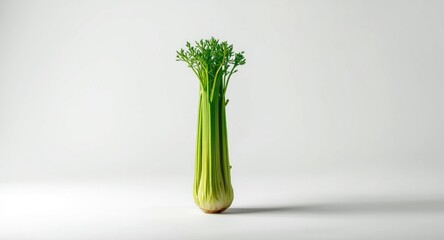 A solitary green celery stalk against a minimalist white backdrop