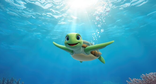 Cheerful animated green turtle joyfully glides through water with a happy face