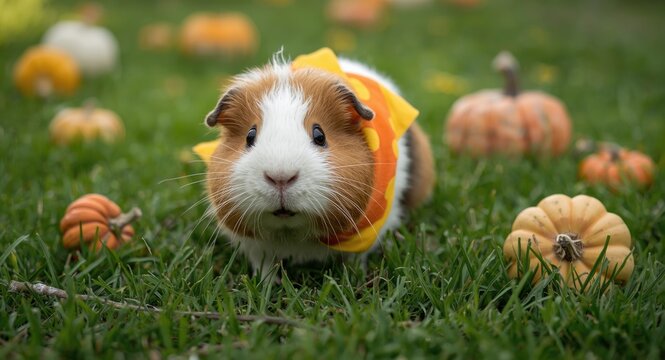 Delighted guinea pig in a candy corn bandanna exploring green grass lawn with pumpkins and gourds on a warm summer day full length portrait
