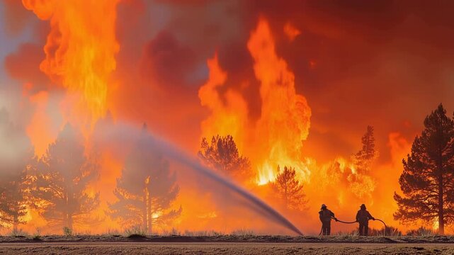 Firefighters spray water line as towering wildfire flames engulf pine forest at night