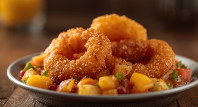 Crispy and soft Cireng snack combined with fruity rujak