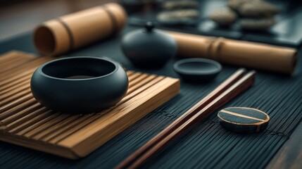 Obraz premium A serene tea set with a black bowl, bamboo tray, chopsticks, and other tea accessories arranged on a textured surface, evoking calm and tradition.