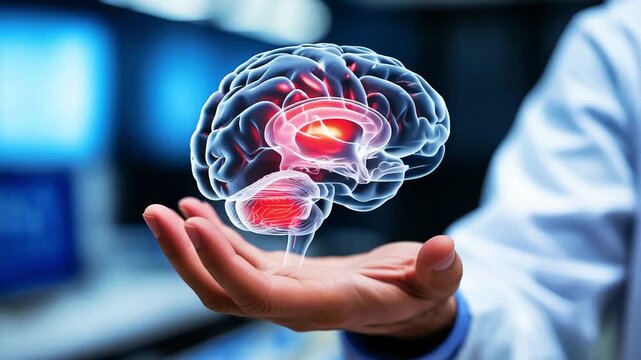 Doctor holding digital brain scan with red inflammation area