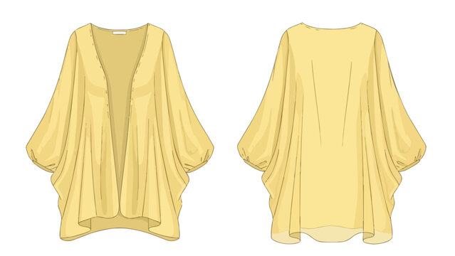 Yellow oversized top flat sketch fashion illustration front and back views comfortable casual apparel design