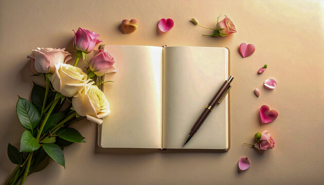 Cuaderno en blanco con bol&iacute;grafo, ramo de flores y notas de amor sobre fondo neutro, composici&oacute;n rom&aacute;ntica con espacio para texto, ideal para San Valent&iacute;n, amor, mensajes y creatividad.