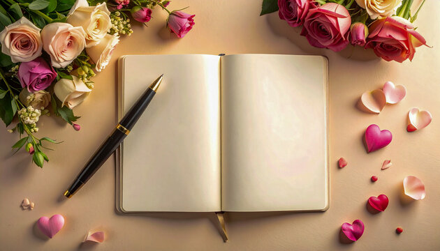 Cuaderno en blanco con bol&iacute;grafo, ramo de flores y notas de amor sobre fondo neutro, composici&oacute;n rom&aacute;ntica con espacio para texto, ideal para San Valent&iacute;n, amor, mensajes y creatividad.