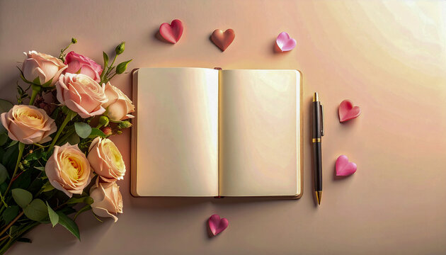 Cuaderno en blanco con bol&iacute;grafo, ramo de flores y notas de amor sobre fondo neutro, composici&oacute;n rom&aacute;ntica con espacio para texto, ideal para San Valent&iacute;n, amor, mensajes y creatividad.