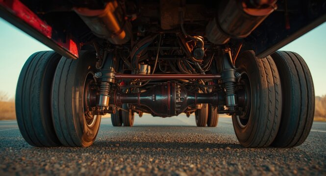 Back view from beneath a truck bed illustrating rear axle and frame