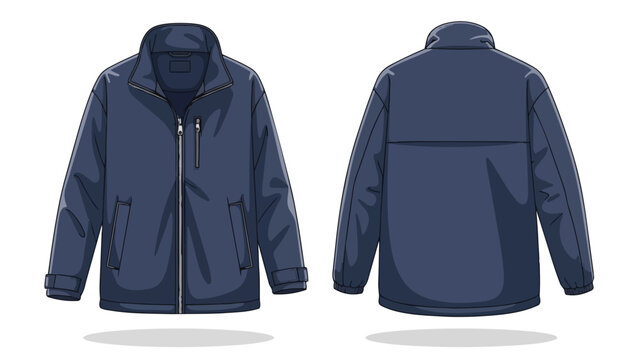Versatile navy blue men's outerwear jacket vector illustration displaying both front and back views perfect for fashion design technical flats or
