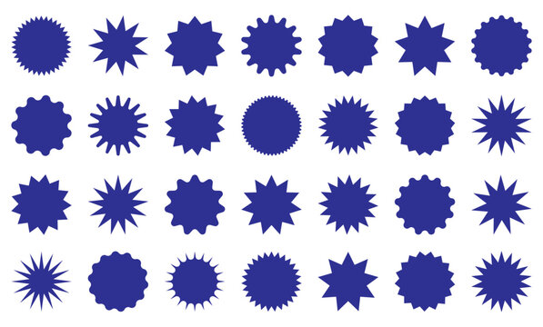 Collection of blue starburst price tags with subtle shading. Round sticker set featuring wavy edges and dark promo badges. Blank sale labels in a simple flat vintage style. Transparent background.