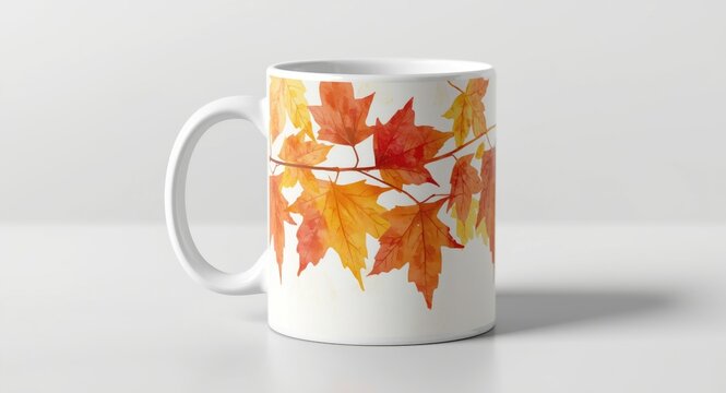 Inviting autumn watercolor leaves sublimated on mug in anime art style