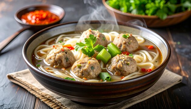 Bakso Meatball Soup with Noodles and Vegetables Indonesian Food