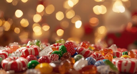 Naklejka premium Holiday candy selection showcased with a warm blurred decoration background