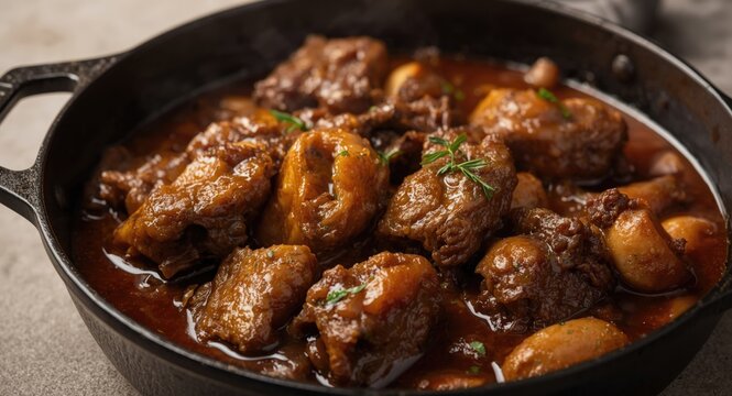 Hearty oxtail stew with tender bones and gelatinous meat cooking in pan