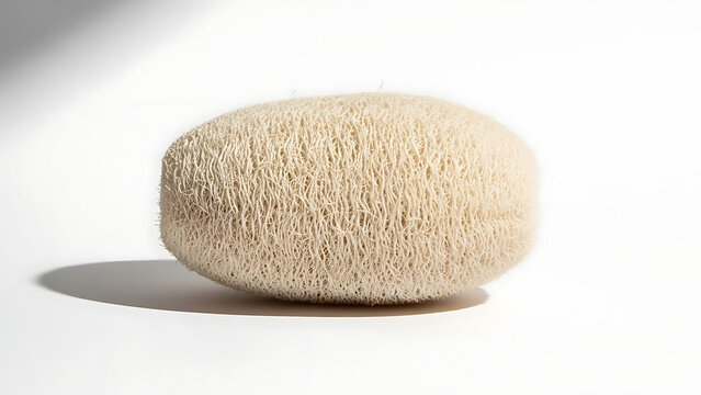 Natural beige bath sponge and loofah for body exfoliation on white background, 3D rendering of organic spa accessory, shower texture, and skin cleaning tool