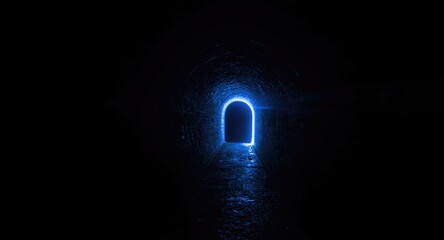Fototapeta premium Dark blue tunnel accented by a bright radiant light glow
