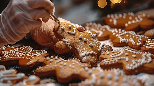Skilled chef, wearing gloves, delicately decorates gingerbread with fine brush, bringing warmth and comfort to the Christmas celebration atmosphere in a home, symbolizing traditional holiday festivity