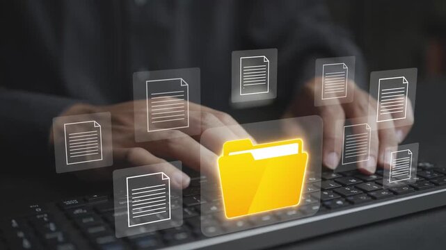 File folder management concept. Person using computer laptop with digital file and folder icons, document organization, data storage and workflow efficiency.