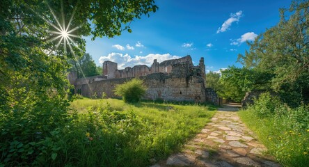 Fototapeta premium Historic fortress ruins enclosed by vibrant green vegetation and a peaceful path under radiant sunlight
