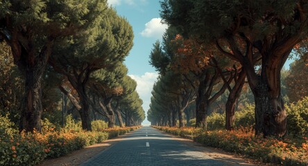 Naklejka premium Ancient Roman road framed by flourishing park trees leading to a compelling vanishing horizon