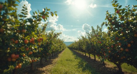 Fototapeta premium Full orchard view under brilliant sunshine and bright blue sky