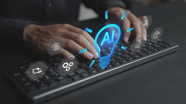 AI innovation concept. Person using computer with artificial intelligence innovation icons, machine learning, automation, data analytics and future technology.