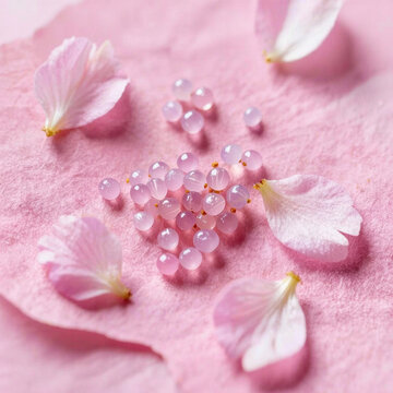 Cherry blossom petals and transparent crystal beads on pink background