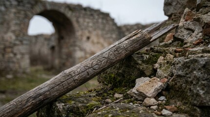 Fototapeta premium Carved Wooden Staff Fragment in Ancient Ruins