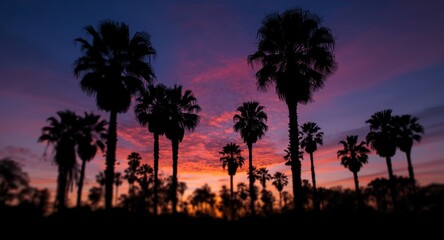 Art depicting palm tree silhouettes during a radiant sunset scene