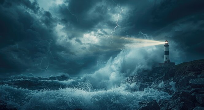 Intense maritime storm view showing lighthouse with giant waves and thunder flashing