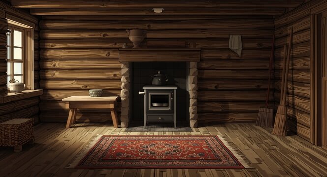 Illustration showing a traditional Russian cabin kitchen from the middle ages with stove rug and broom empty inside