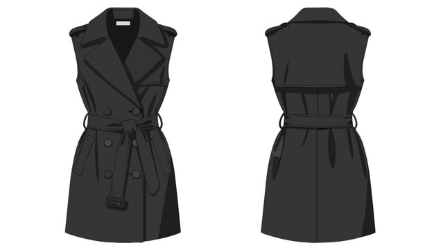 Fashionable sleeveless black trench coat vector illustration depicting the garment's front and back views with a tied waist belt and classic design
