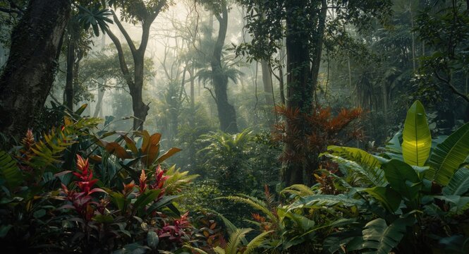 Dense jungle scene with colorful vibrant plants and tall trees creating a peaceful feel